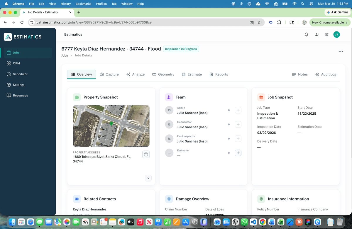 Estimatics web dashboard showing job details with property snapshot, team, and damage overview