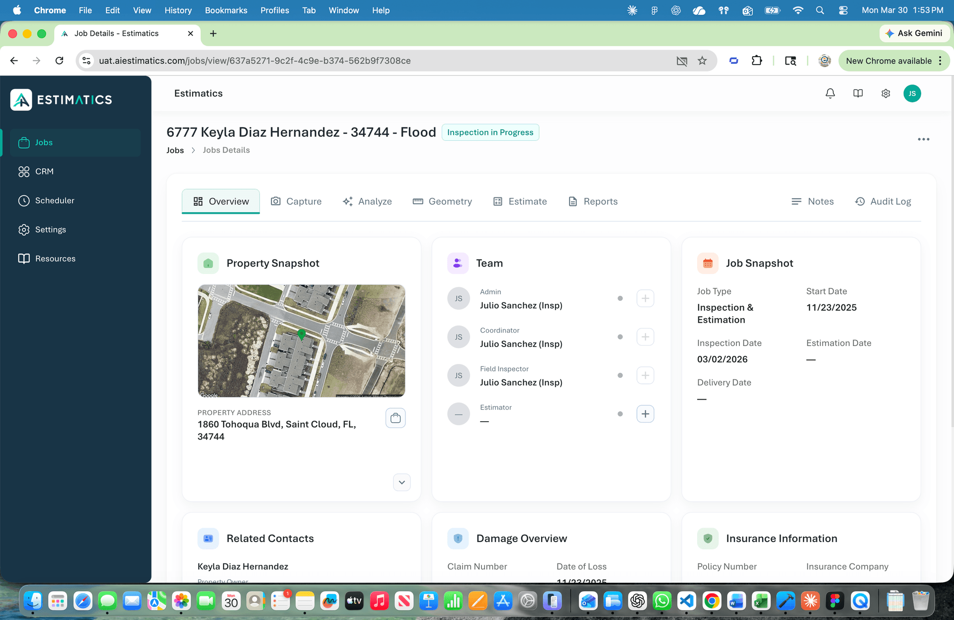 Estimatics job details showing property overview, team assignments, and damage analysis