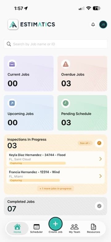 Estimatics iOS app home dashboard showing current jobs, inspections in progress, and completed jobs