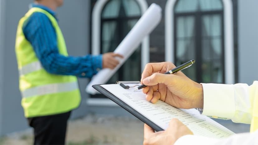 Inspector documenting property damage with clipboard on-site