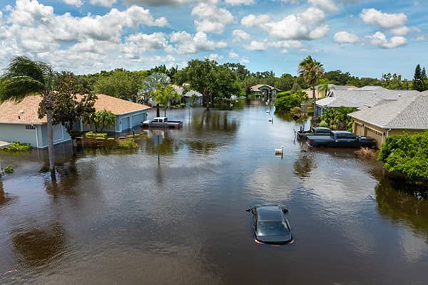 Aerial view of flooded residential neighborhood — the reality of property damage documentation