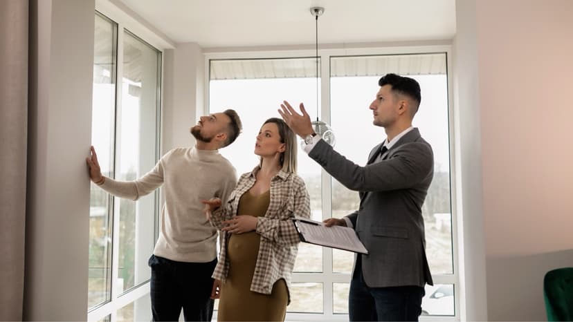 Adjuster inspecting property interior with homeowners