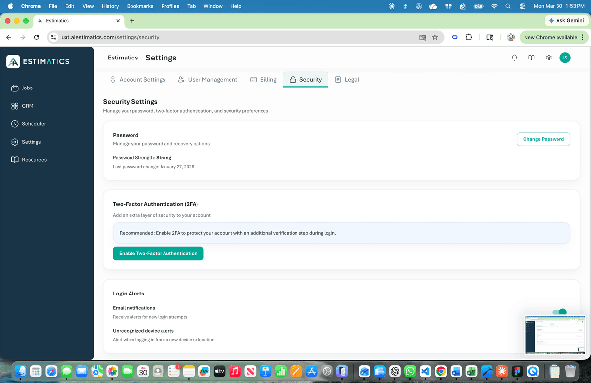 Estimatics security settings showing two-factor authentication and login alerts