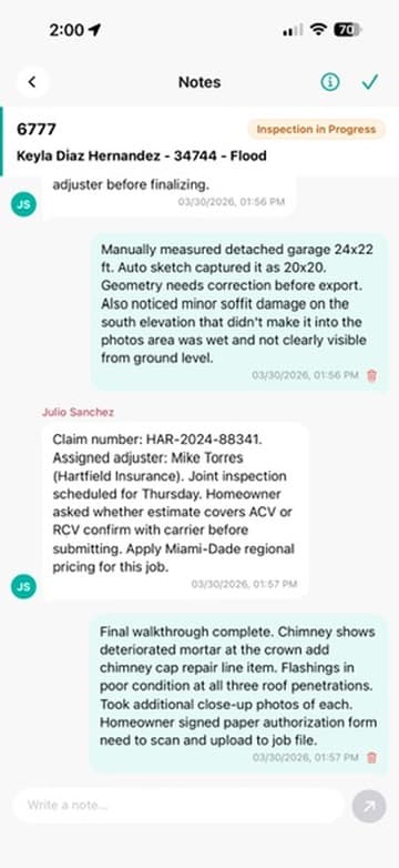 Estimatics iOS Notes screen with field inspection notes