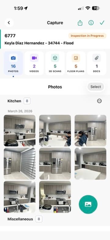 Estimatics iOS Capture screen showing photo grid organized by room